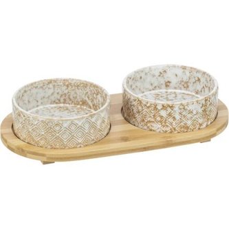 Set misek v bambusovém stojanu, bílá/světlehnědá - 2 × 0,3 l/ ø 12 cm/ 30 x 6 x 15 cm