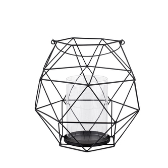SVÍCEN KOVANÝ GEOMETRICKÝ S DRŽÁKEM A SKLENĚNOU VLOŽKOU 22X22X22CM ČERNÝ