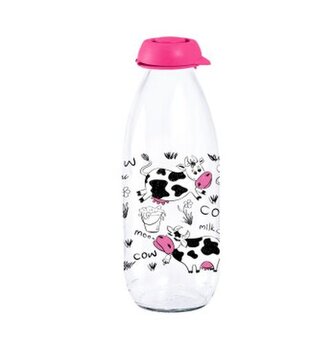 láhev 1,0l na mléko, růž.KRÁVA, plast.uzávěr, sklo