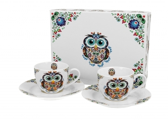 Porcelánový hrnek espresso s podtalířkem Owl Etno 90 ml, sada 2 ks v dárkovém boxu