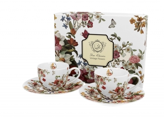 Porcelánový hrnek espresso Vintage Flower White 90 ml, sada 2 ks v dárkovém boxu