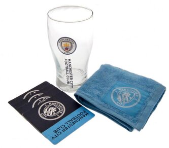 Bar set sklenice s tácky a ručníkem FC Manchester City: Wordmark (objem 470 ml)