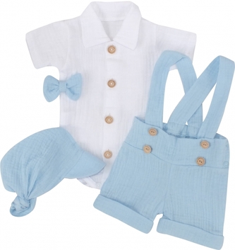 Mušelínové kraťasy s láclem, bodýčko, čepička, motýlek 4D sada, Z&Z, modrá/bílá; 56 (1-2m)