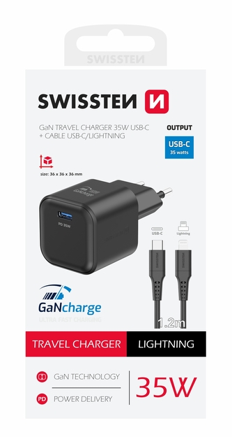 SWISSTEN SÍŤOVÝ ADAPTÉR GaN 1x USB-C 35W POWER DELIVERY ČERNÝ + DATOVÝ KABEL USB-C/LIGHTNING 1,2 M ČERNÝ SWISSTEN SÍŤOVÝ ADAPTÉR GaN 1x USB-C 35W POWER DELIVERY ČERNÝ + DATOVÝ KABEL USB-C/LIGHTNING 1,2 M ČERNÝ