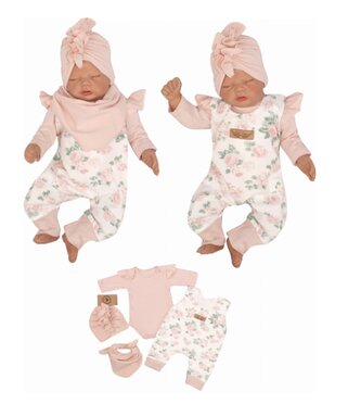 Z&Z 4-dílná soupravička body, láclé kalhoty, čepička + šátek - starorůžová, vel. 80; 80 (9-12m)