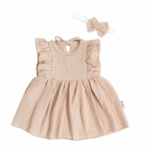 Baby Nellys 2-dílná sada mušelínové šatičky + čelenka, béžové; 56 (1-2m)