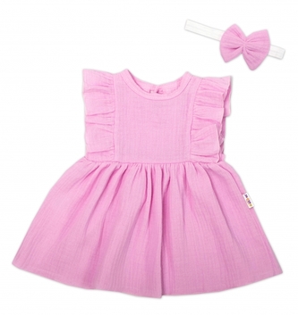 Baby Nellys 2-dílná sada mušelínové šatičky + čelenka, růžové; 56 (1-2m)