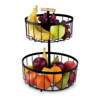 košík 2patrový, 38x29cm, drát.černý, dřev.ruk.