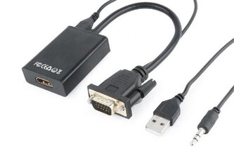 Gembird adaptér VGA (M) na HDMI (F) + 3.5 mm audio, 0.15 m kabel, černý