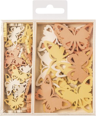 Dřevěné ozdoby v boxu 54ks - motýlci - 2 velikosti, rozměr motivu: 2,5cm, 4,5cm.
