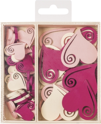 Dřevěné ozdoby v boxu 54ks - srdce - 2 velikosti, rozměr motivů: 2,2 cm, 4 cm.