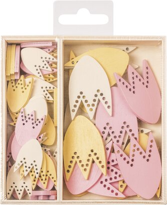 Dřevěné ozdoby v boxu 54ks - tulipány - 2 velikosti, rozměr motivů: 2,5 cm, 4,2 cm.