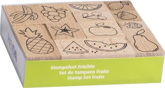 12 dřevěných razítek s motivy ovoce. Rozměr sady: 12 x 10 x 3cm