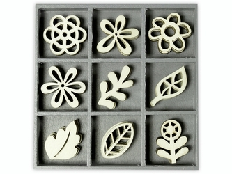 Dřevěné ozdoby v boxu 45ks - rostlinky - 9 motivů po 5 ks, rozměr motivu: 3x3cm.