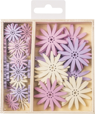 Dřevěné ozdoby v boxu 54ks - kytičky - 2 velikosti, rozměr motivů: 2,2 cm, 4 cm.