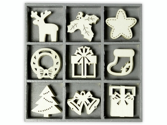 Dřevěné ozdoby v boxu 45ks - vánoce - 9 motivů po 5 ks, rozměr motivu: 3x3cm.