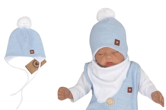 Z&Z Dvouvrstvá pletená čepice na zavazování s bambulí, modrá; 56 (1-2m)