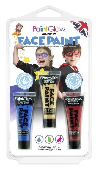PAINTGLOW Sada barev na obličej Adventure (modrá, zlatá, červená)