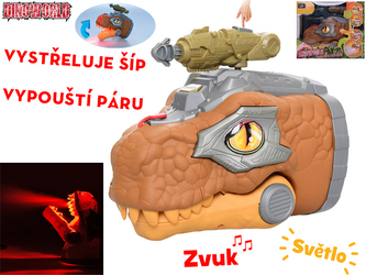 Dinoworld dinosaurus hlava 17cm na baterie chrlící páru se světlem a zvukem v krabičce
