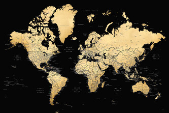 Plakát, Obraz - Blursbyai - Black and gold world map, 60 × 40 cm