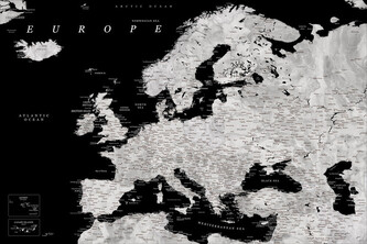Plakát, Obraz - Blursbyai - Black and grey detailed map of Europe, 120 × 80 cm