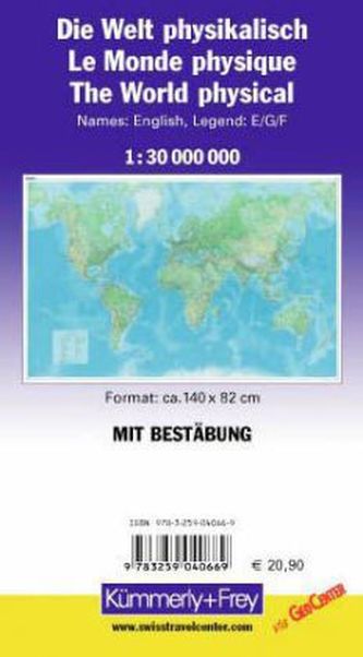 Kümmerly & Frey Poster Die Welt, physikalisch, 1 : 30 Mio., mit Metallstäben. Le monde, physique. The World, physical