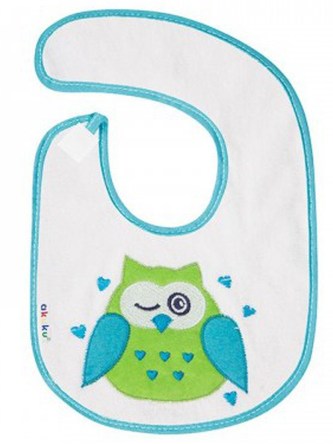 Dětský froté bryndák Akuku bílý se zelenou sovičkou