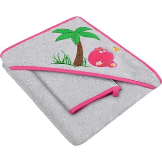 Dětská osuška s žínkou a kapucí 80x80 Akuku šedo-růžová s hrošíkem