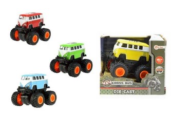 Autobus velká kola 4x4 kov/plast 8cm na setrvačník asst 4 barvy v krabičce