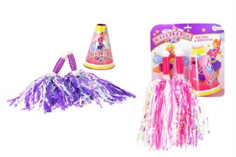 Roztleskávačka třásně a megafon plast asst 2 barvy na kartě 27x27cm karneval