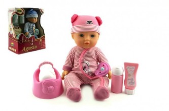 Panenka miminko Agusia pijící čůrající s doplňky plast 27 cm pevné tělo 2 barvy (1ks v krabici)
