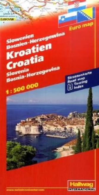 Hallwag Straßenkarte Kroatien, Slowenien, Bosnien-Herzegowina. Croatia, Slovenia, Bosnia-Herzegovina. Croatie, Slovénie, Bosnie-