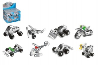 Stavebnice mini dopravní prostředky kov 45ks asst 8 druhů v krabičce 12x9x3cm 24ks v boxu