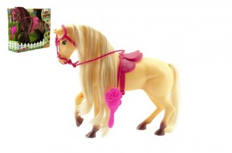 Kůň s hřívou časací s doplňky plast 28 cm, 2 barvy (1ks v krabici)
