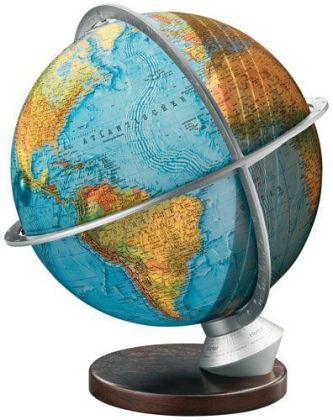 Panorama Leuchtglobus Planet Erde, Edelholzfuß Nußbaum, Meridian und Äquatorring messingfarben