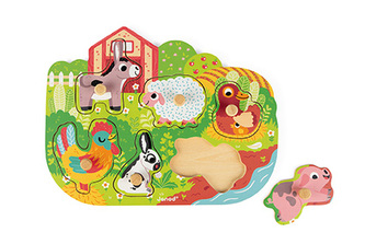 Drevené puzzle na vkladanie s úchytkou Zvieratá na farme Janod od 1 roka