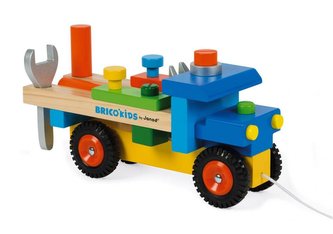 Drevené auto a stavebnice pre chlapcov Kamion BricoKids Janod s náradím 17 ks od 2 rokov
