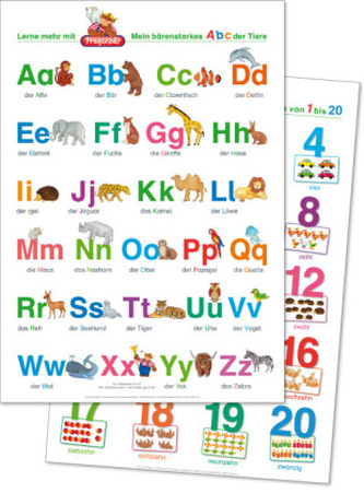 Fragenbär-Lernposter, Mein bärenstarkes ABC der Tiere (Hochformat) + Zahlen und Mengen von 1 bis 20 (Hochformat), 2 Poster