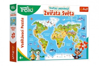 Puzzle Treflíci poznávajú Zvieratá sveta 48 dielikov 60x40cm v krabici 33x23x6cm