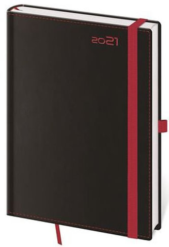 Diář 2021: Black Red, A5 týdenní, 145x205, s poutkem na propisku