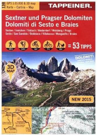 Sextner und Pragser Dolomiten 3D, Wanderkarte. Dolomit di Sesto e Braies