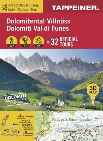 3D-Wanderkarte Villnöß und Umgebung. Cartina escursionistica 3D Val di Funes e dintorni