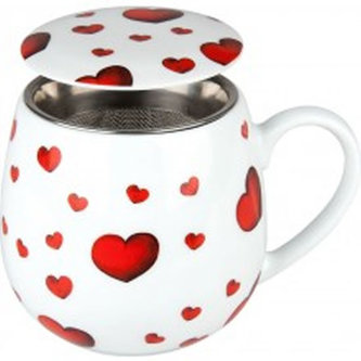 Hrnek buclák s víčkem a sítkem - Srdíčka / Little Hearts 420 ml