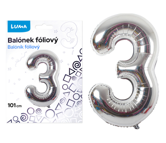 Balónek foliový č. 3 STŘÍBRNÝ 101cm LUMA