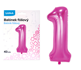 Balónek foliový  č. 1  RŮŽOVÝ 43cm LUMA