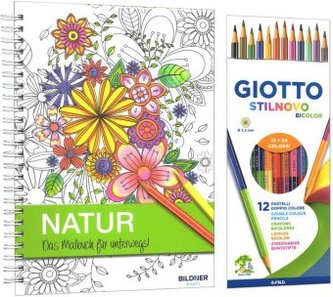 Kreativset: Malbuch Natur + 12 Farbstifte bicolor (24 Farben)
