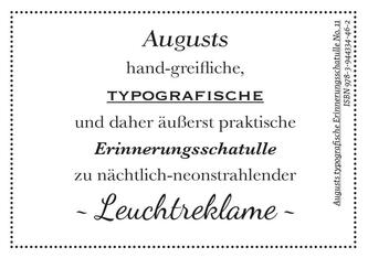 Augusts Erinnerungsschatulle zu nächtlich-neonstahlender Leuchtreklame, m. 40 Minipostkarten