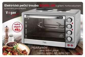 Elektrická pečicí trouba s grilem, horkovzduchem a horními plotýnkami, nerez, 45l EO45L-2P VIGAN Mammoth