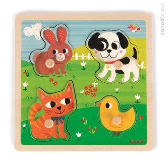Dřevěné vkládací puzzle pro nejmenší Domácí zvířata Janod od 1 roku 4 díly