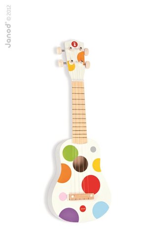 Drevené ukulele Confetti Janod sa reálnym zvukom 4 struny od 3-8 rokov